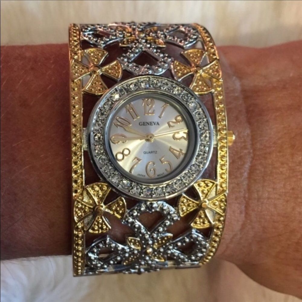 Gold Silver Floral Rhinestone Cuff Bracelet Watch  Watch De Lis Wrist Watch NEW